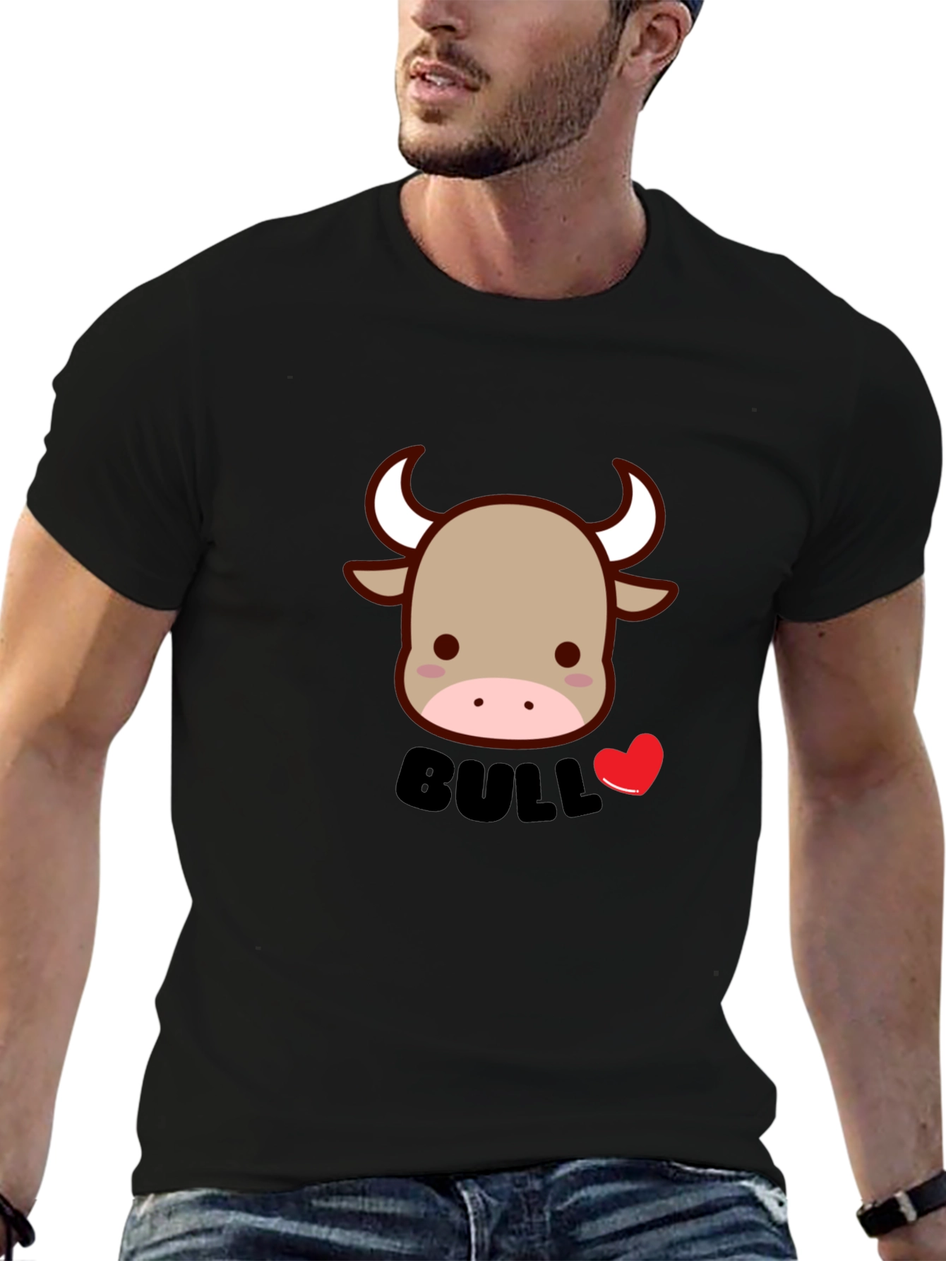 Cute Bull Graphic Tee - Black Cotton Blend T-Shirt