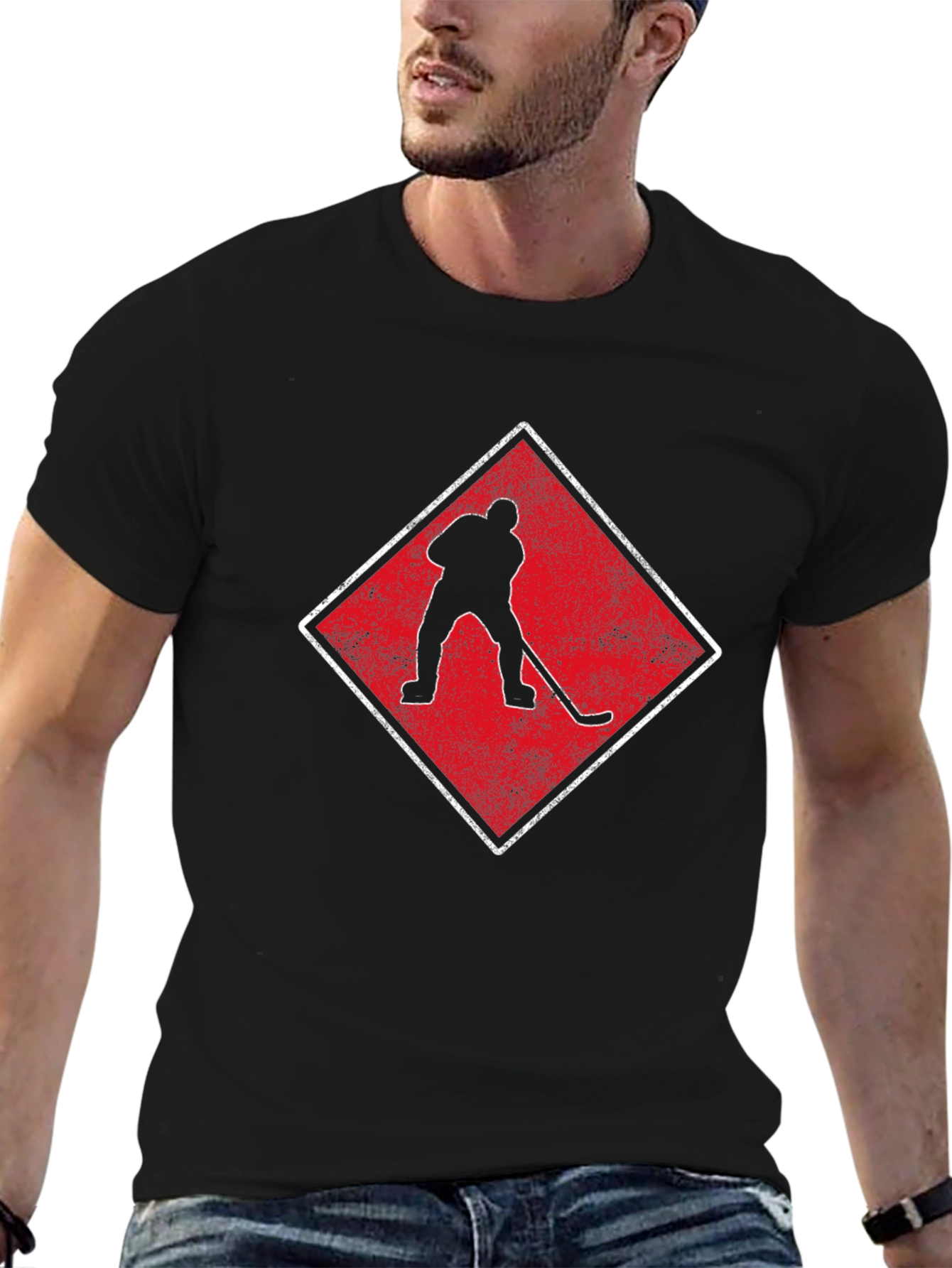 Hockey Player Graphic Tee - Black Cotton Shirt