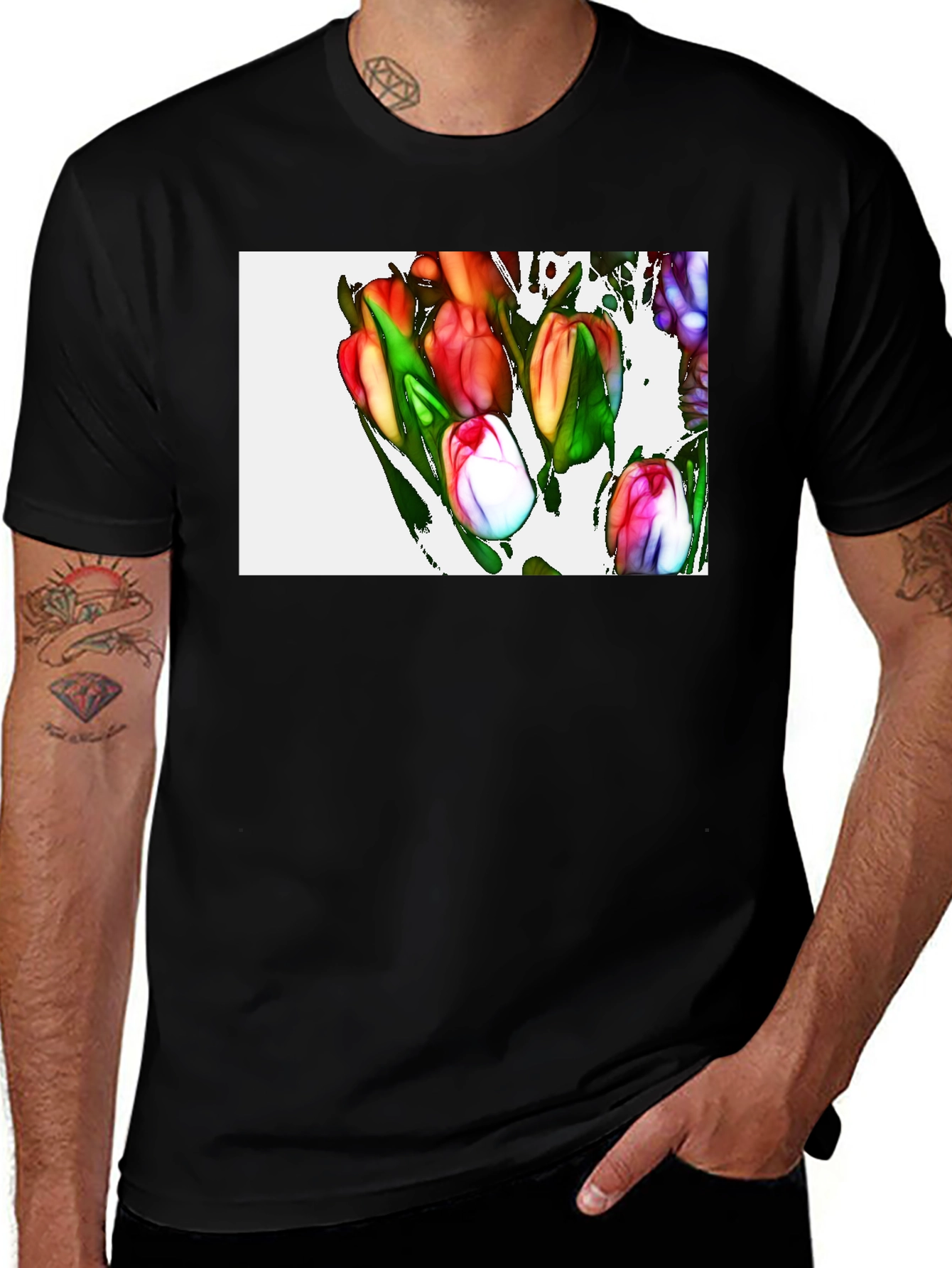 Tulip Art Graphic Black T-Shirt