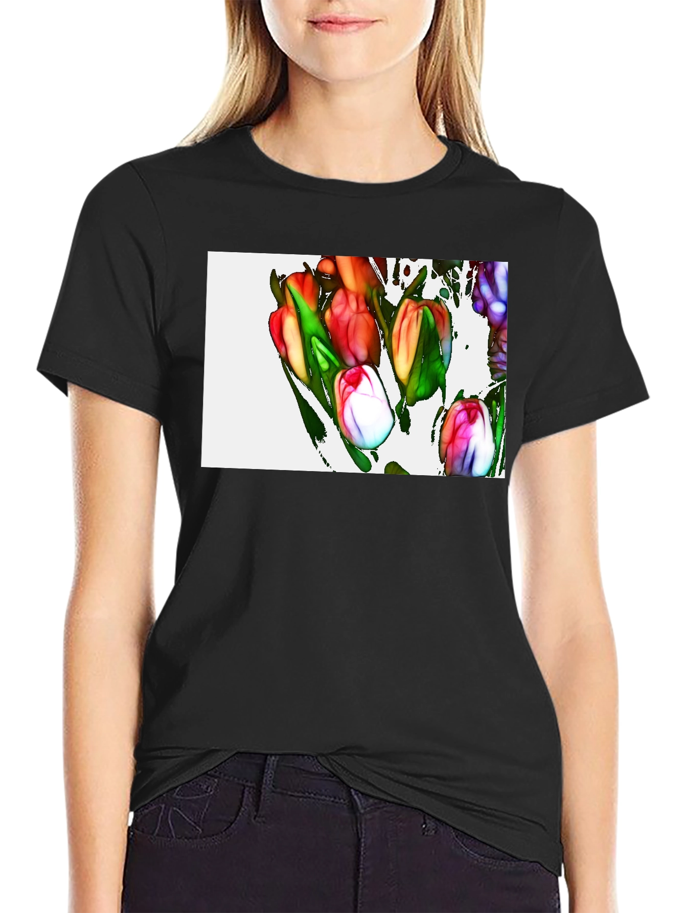 Tulip Art Graphic Black T-Shirt