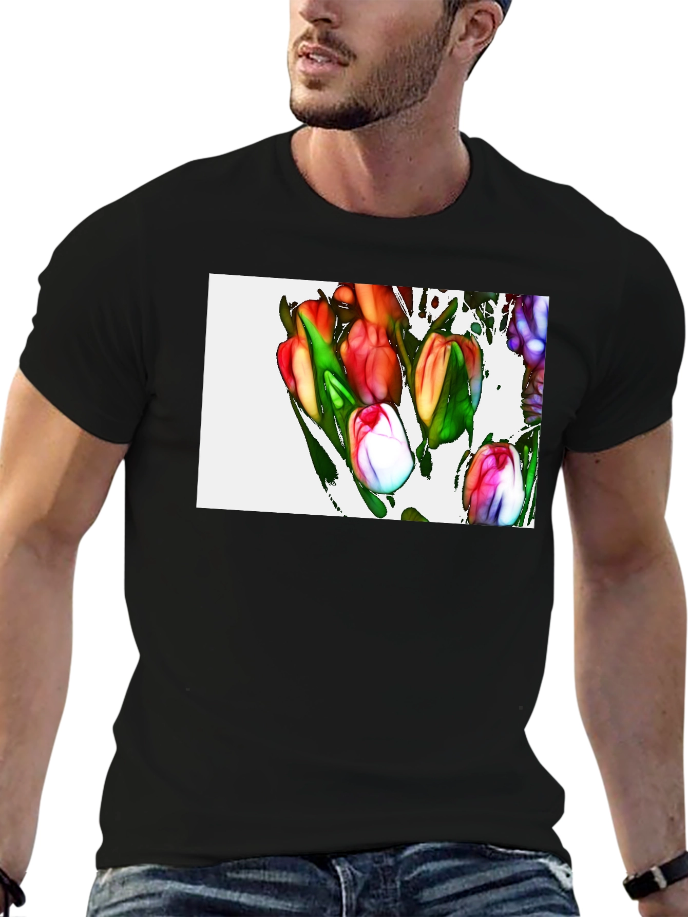 Tulip Art Graphic Black T-Shirt