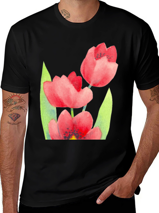Floral Print Black T-Shirt - Stylish Tulip Design