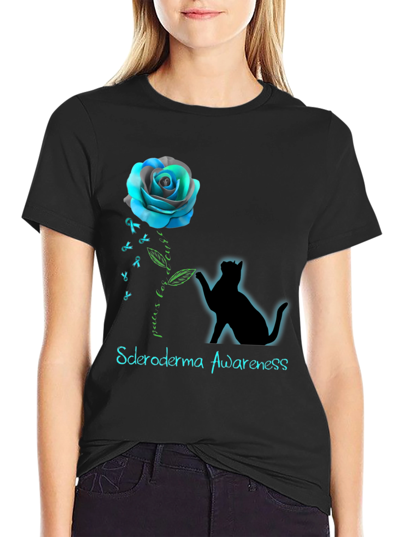 Scleroderma Awareness Cat & Rose Graphic T-Shirt