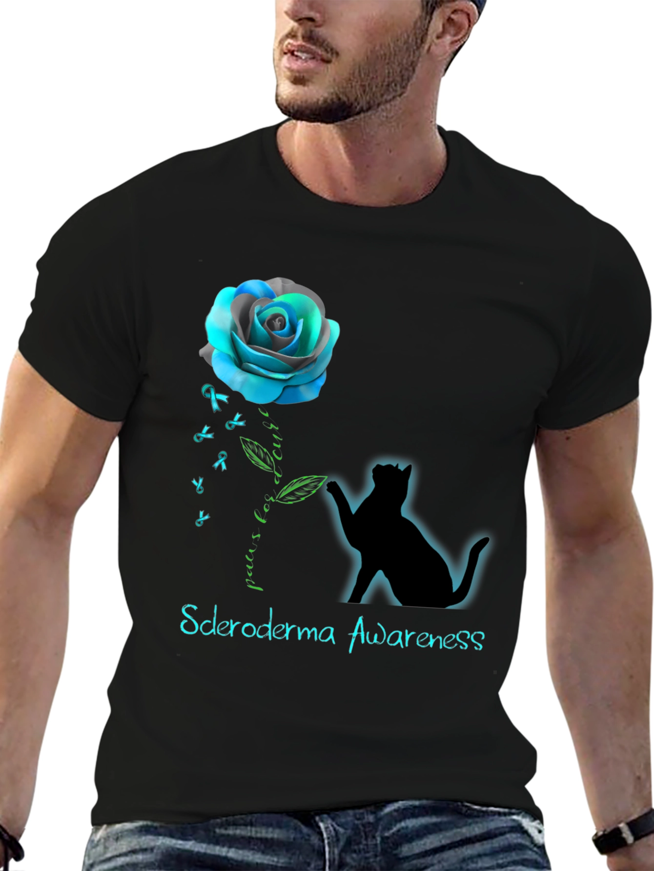 Scleroderma Awareness Cat & Rose Graphic T-Shirt