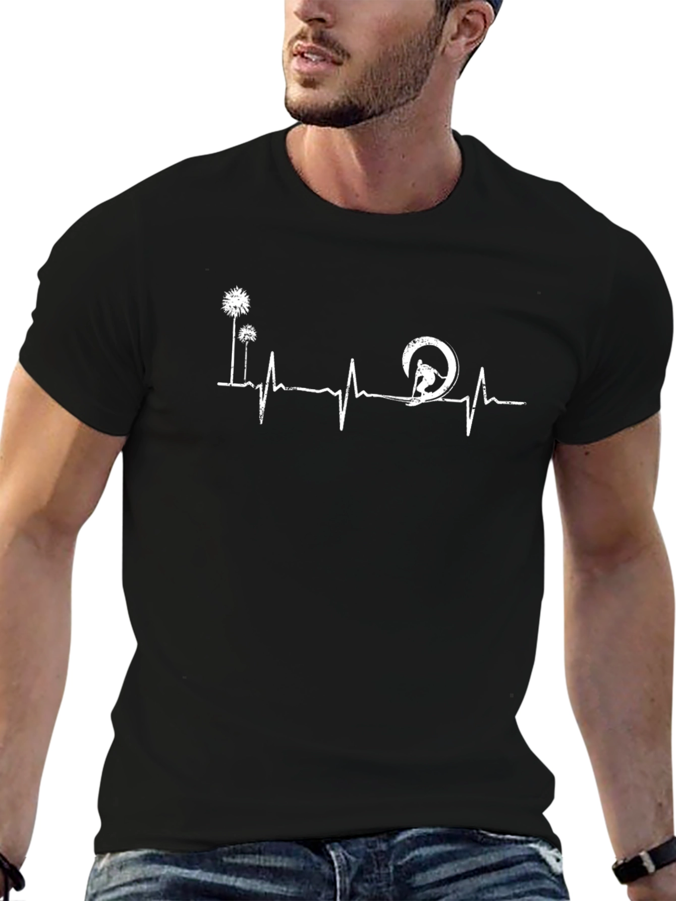 Surfing Heartbeat Graphic Tee - Black Cotton T-Shirt