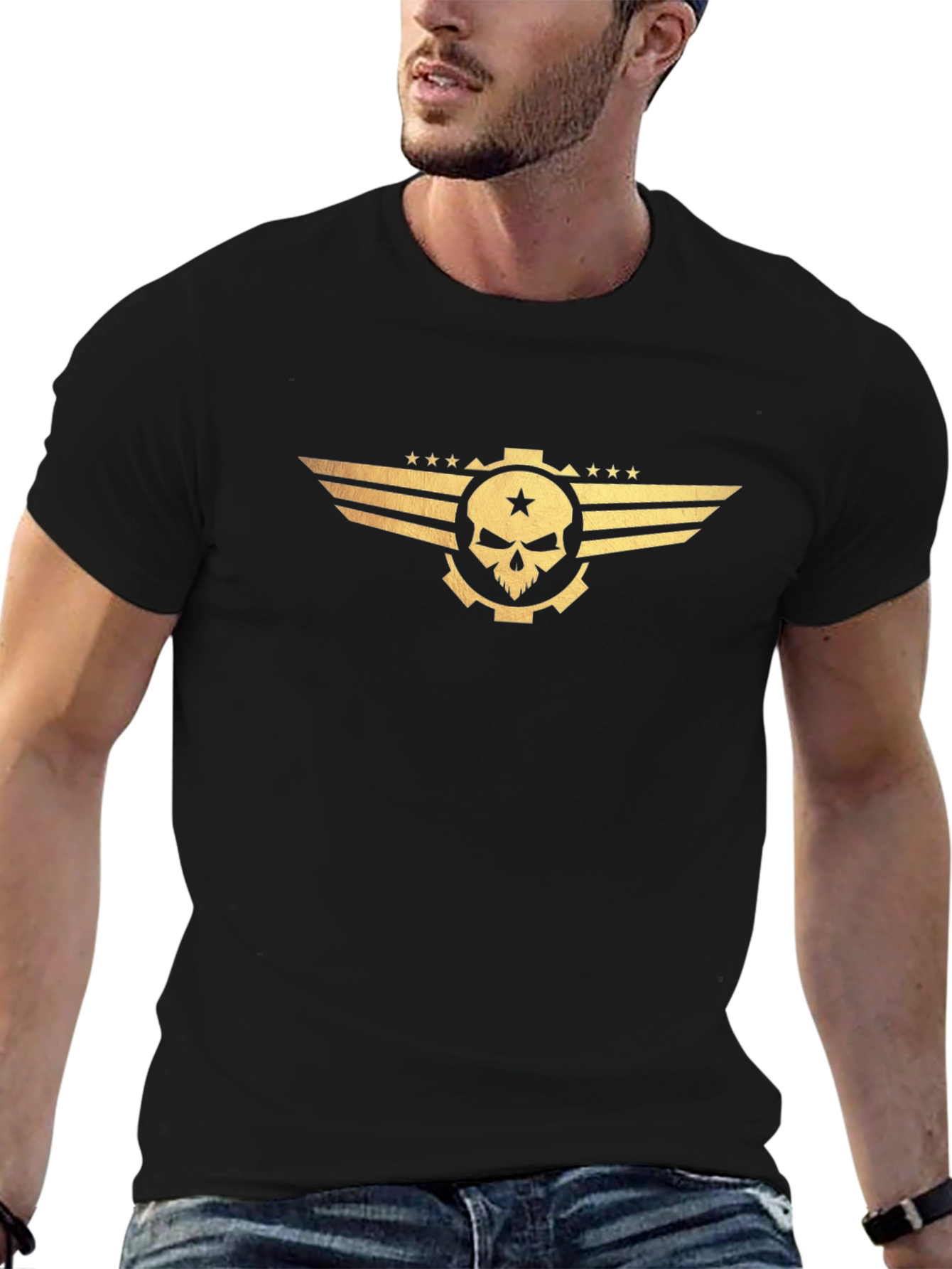 Skull Gear Wings Graphic Tee - Bold Statement Shirt