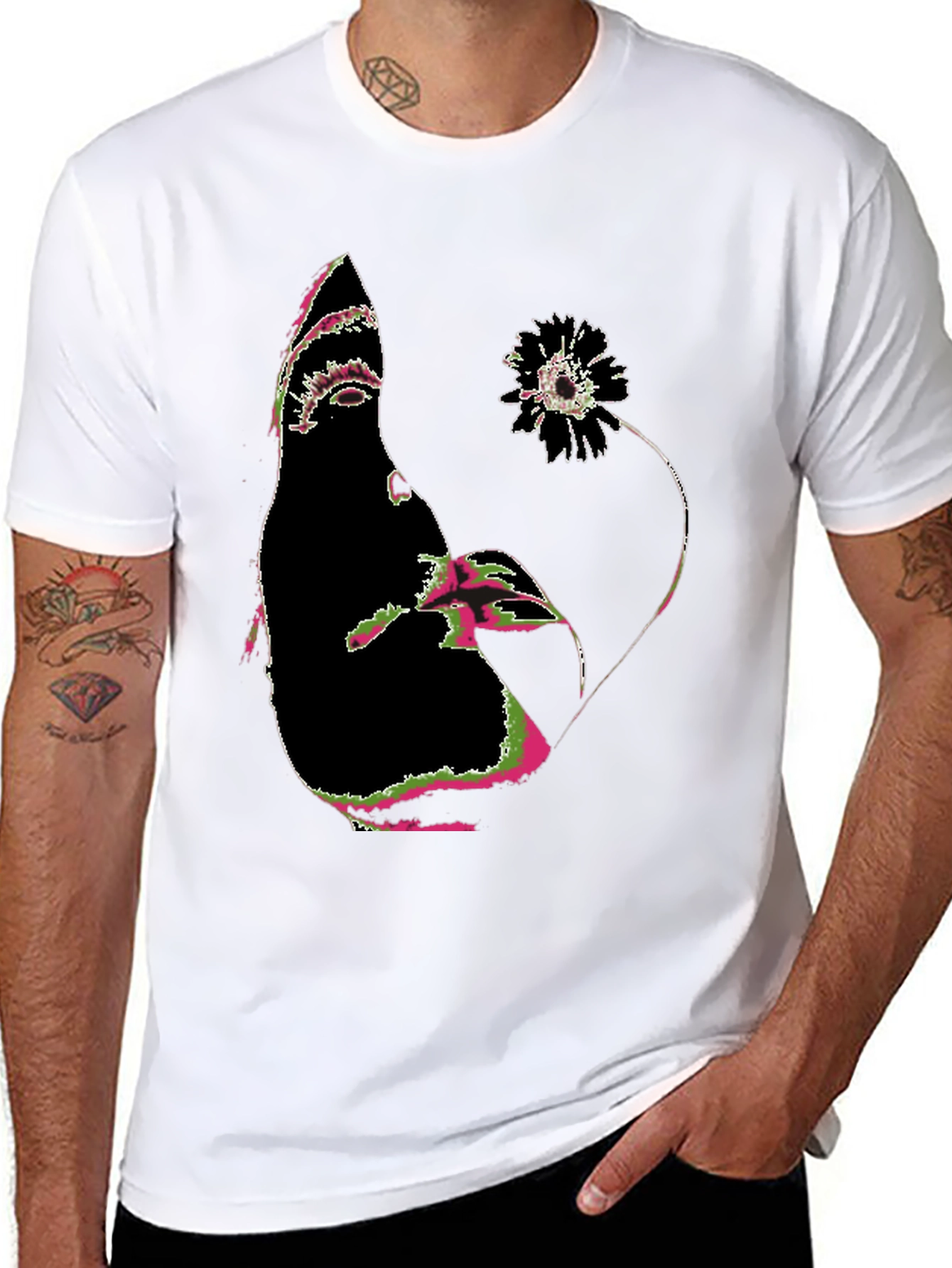 Abstract Face and Flower Graphic Tee