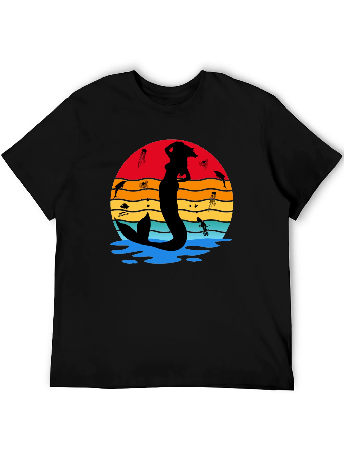 Mermaid Sunset Graphic Tee - Black Cotton T-Shirt