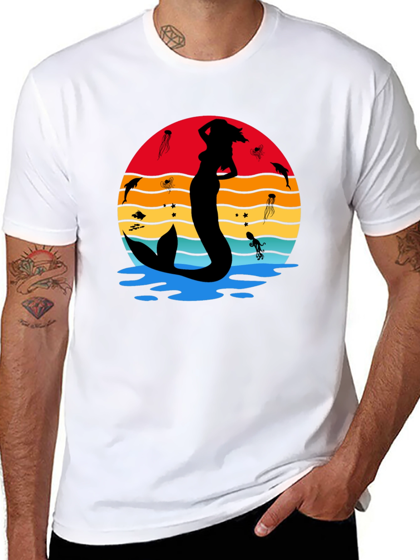 Mermaid Sunset Graphic Tee - Black Cotton T-Shirt