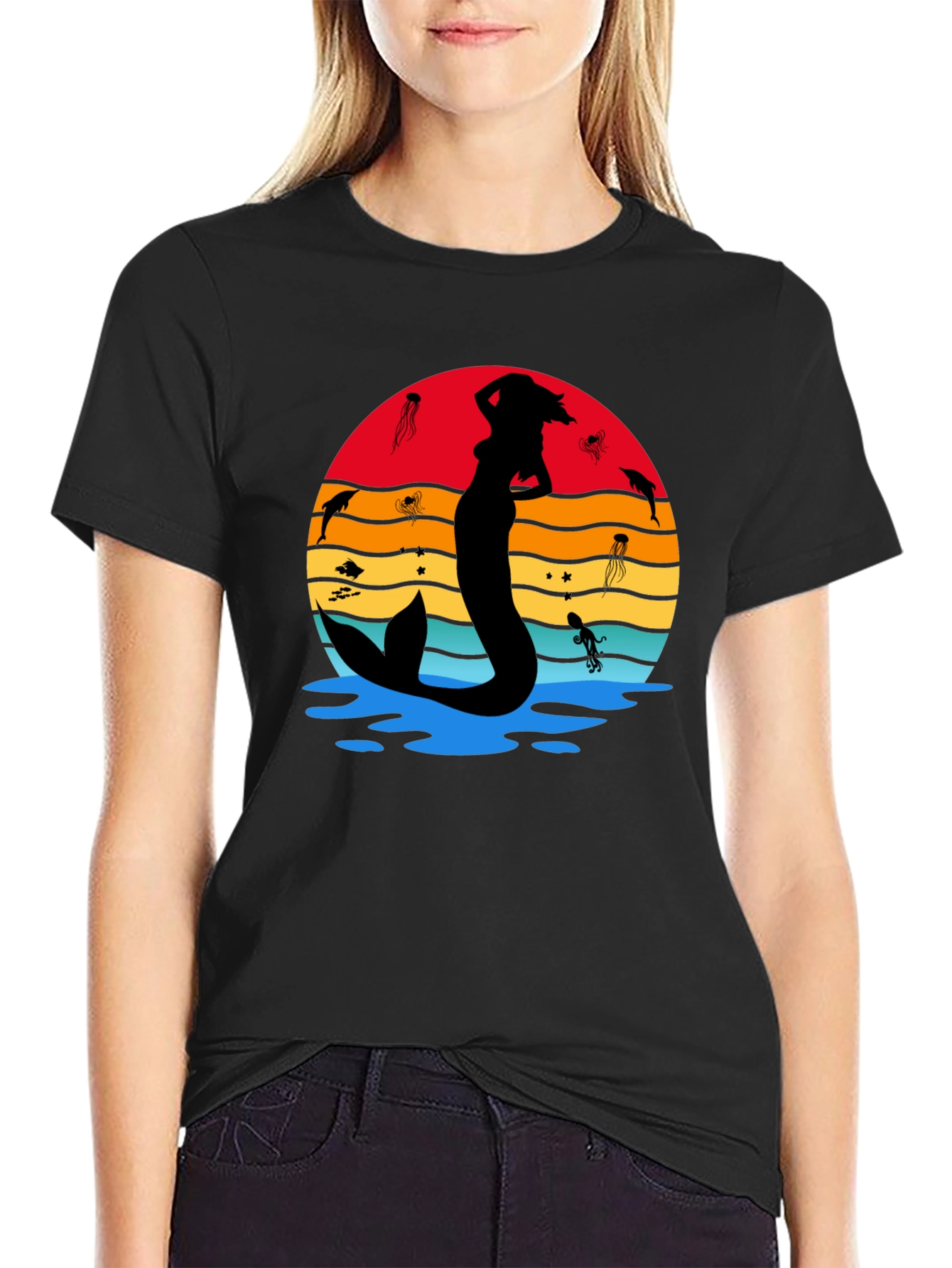 Mermaid Sunset Graphic Tee - Black Cotton T-Shirt