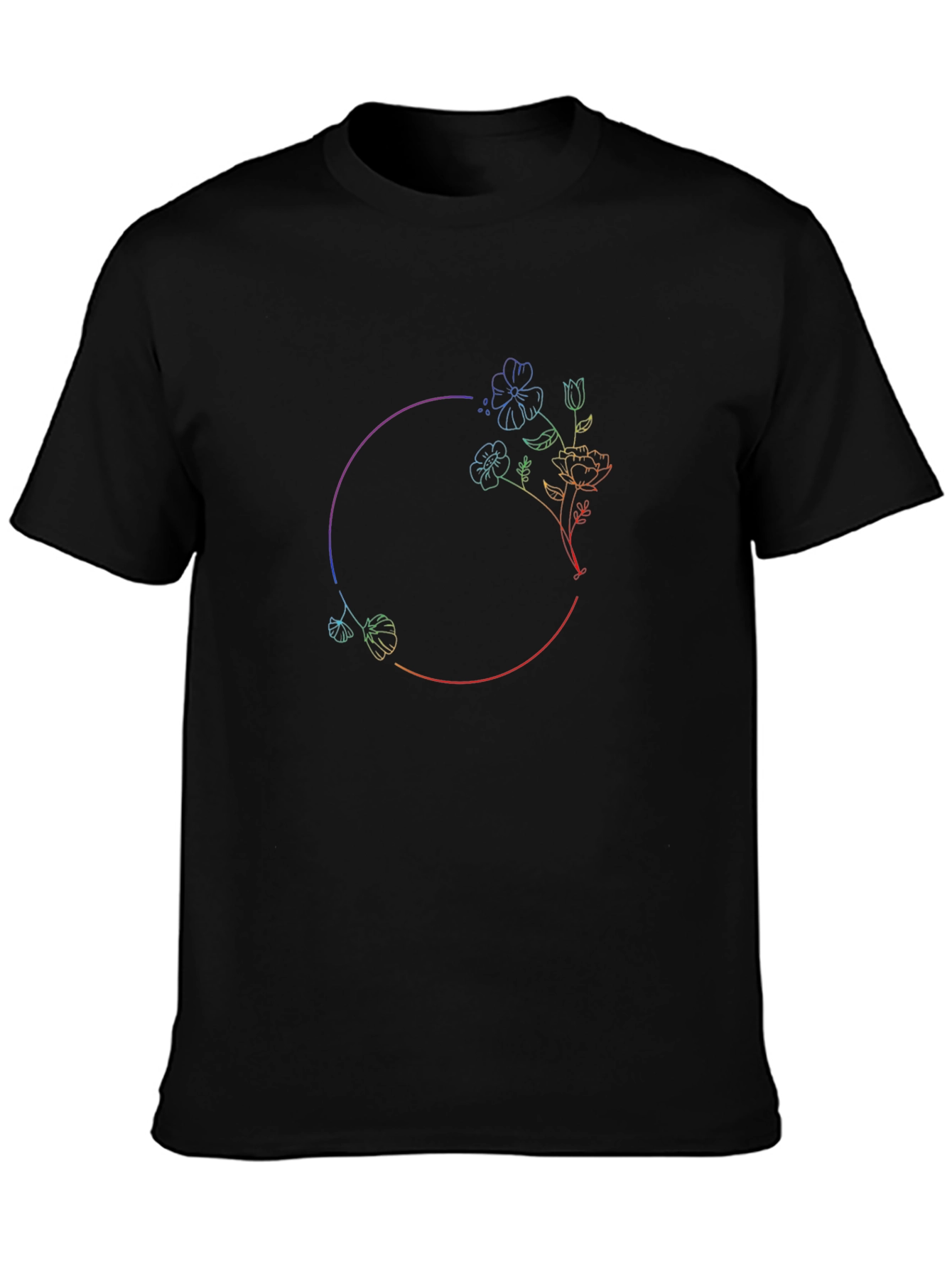 Rainbow Floral Circle Graphic Black T-Shirt