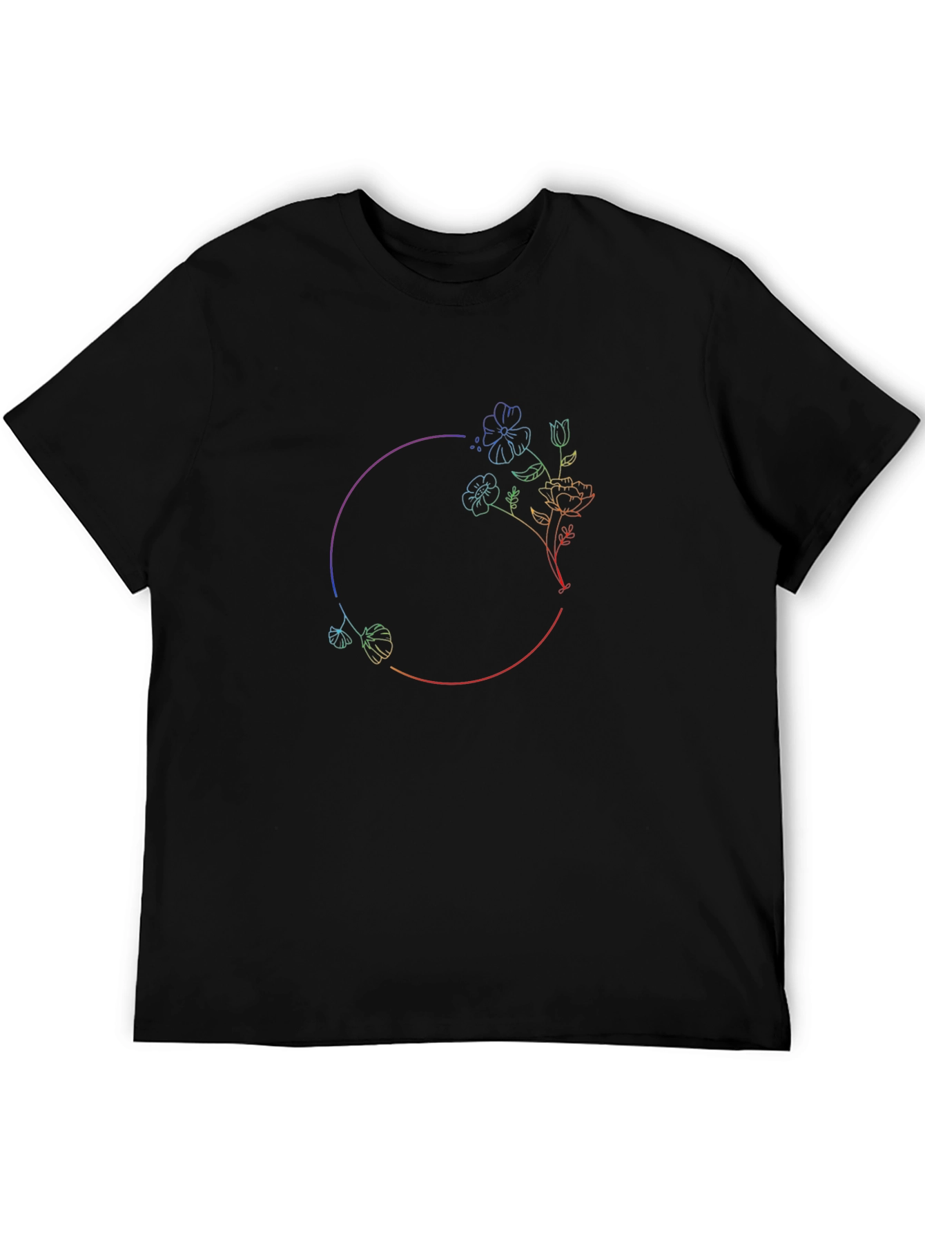 Rainbow Floral Circle Graphic Black T-Shirt