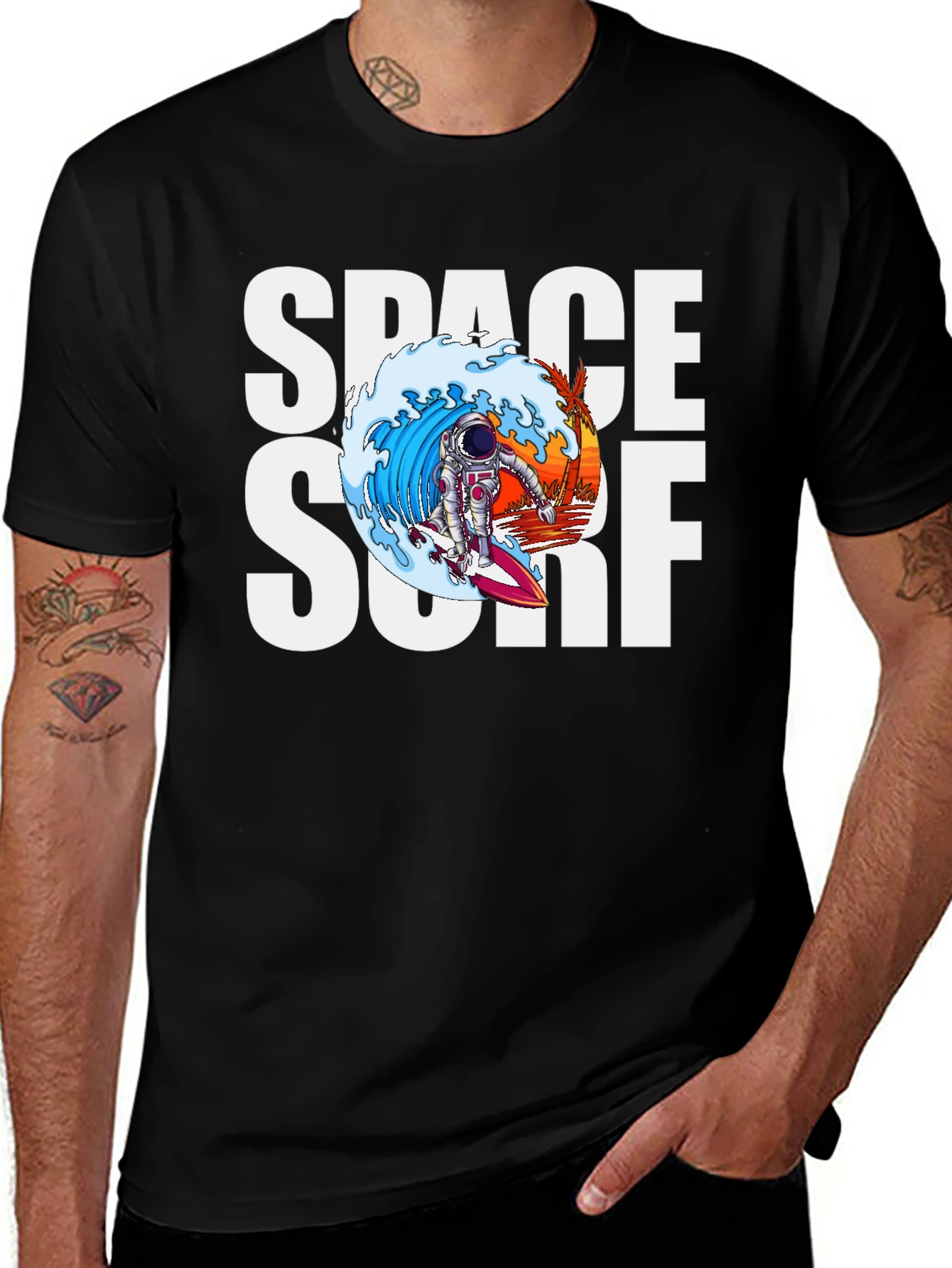 Space Surf Graphic Tee - Astronaut Surfing T-Shirt
