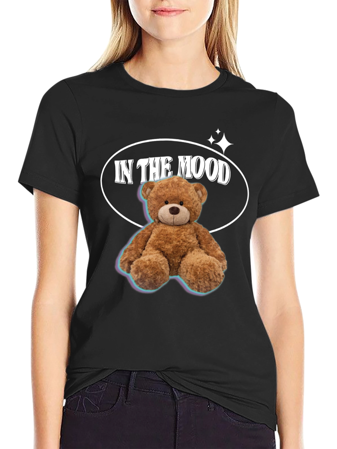In The Mood Teddy Bear Graphic Black T-Shirt