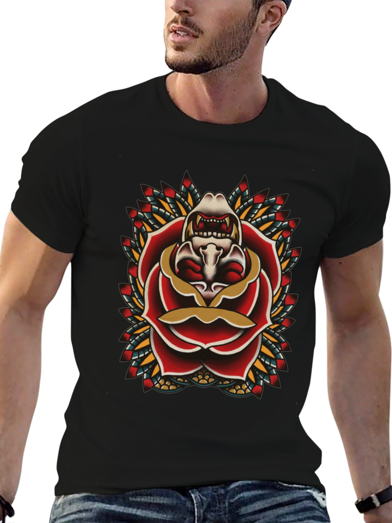 Skull Rose Tattoo Graphic Black T-Shirt