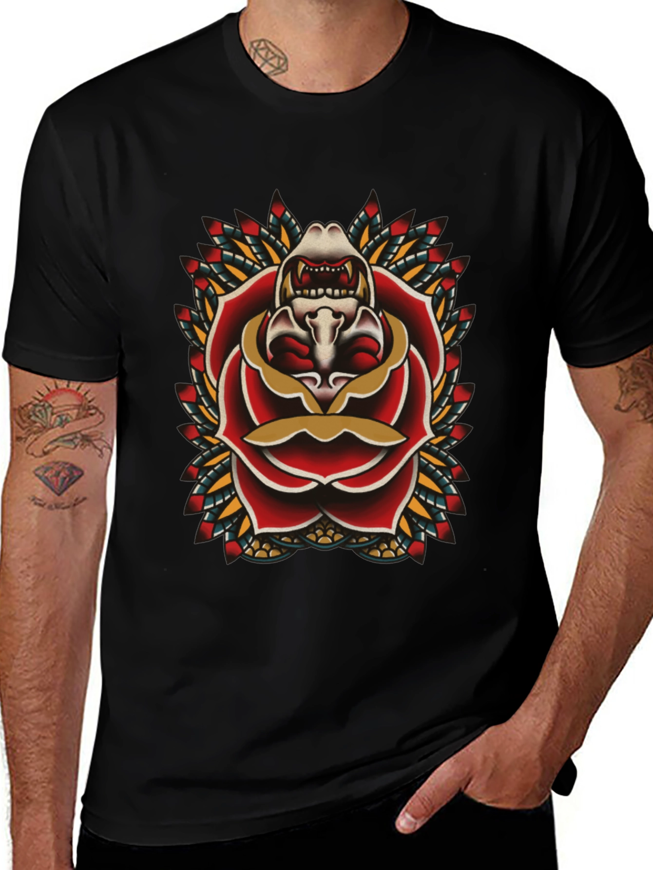 Skull Rose Tattoo Graphic Black T-Shirt