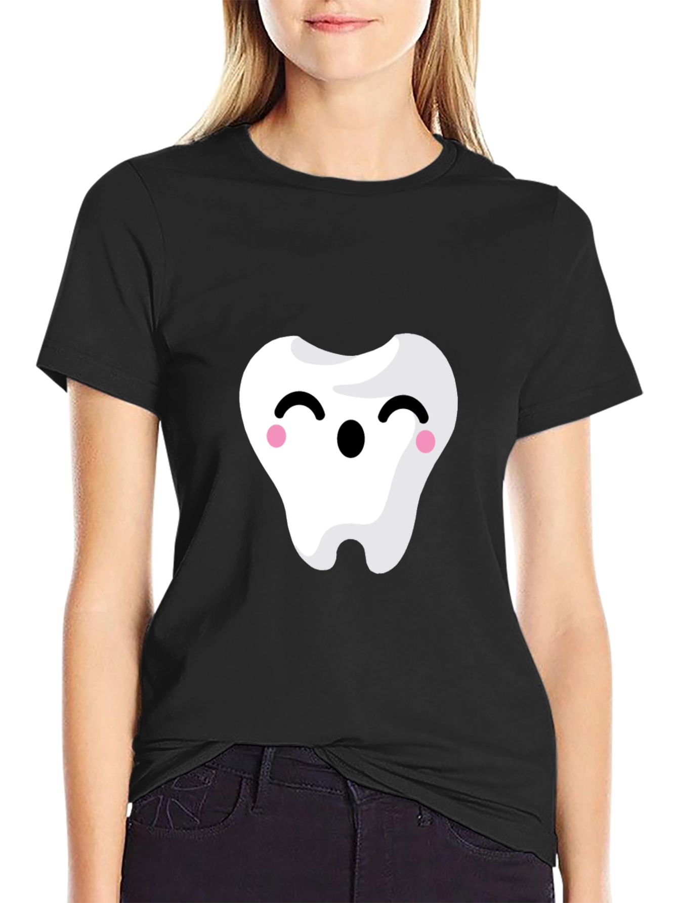 Cute Tooth Graphic Tee - Black Cotton Shirt
