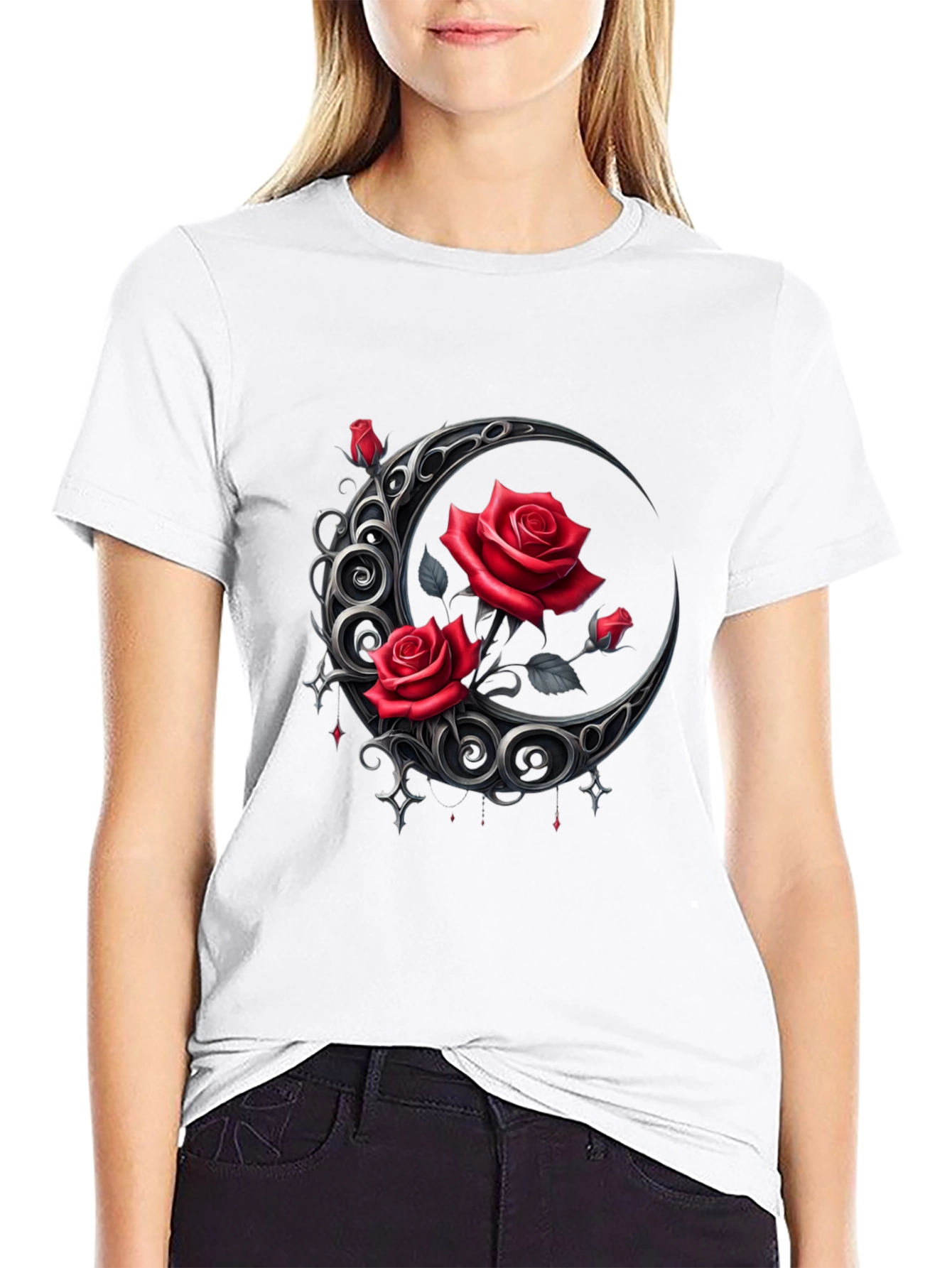 Red Rose Crescent Moon Graphic Tee