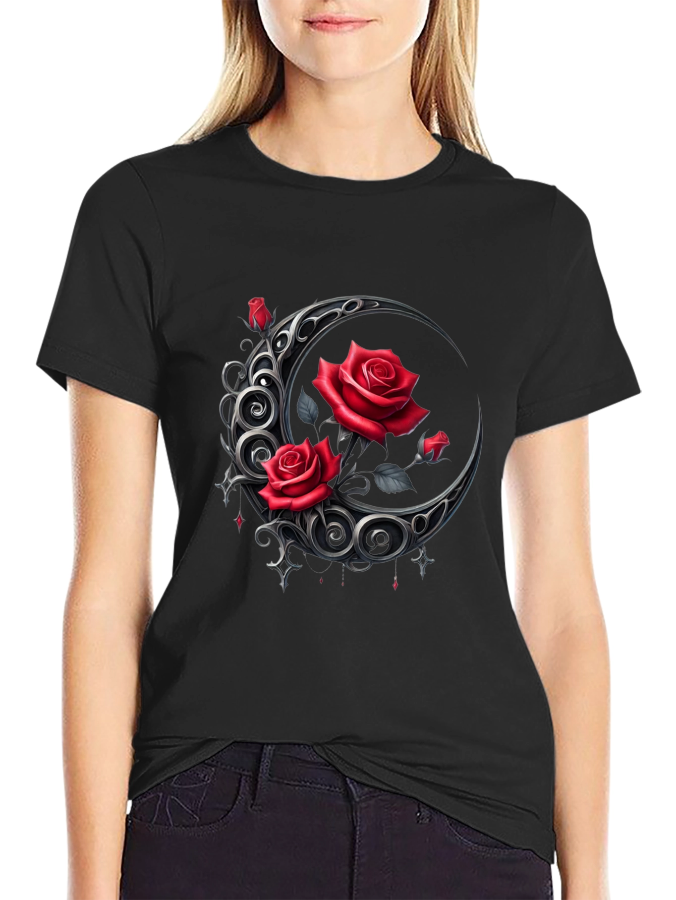 Red Rose Crescent Moon Graphic Tee