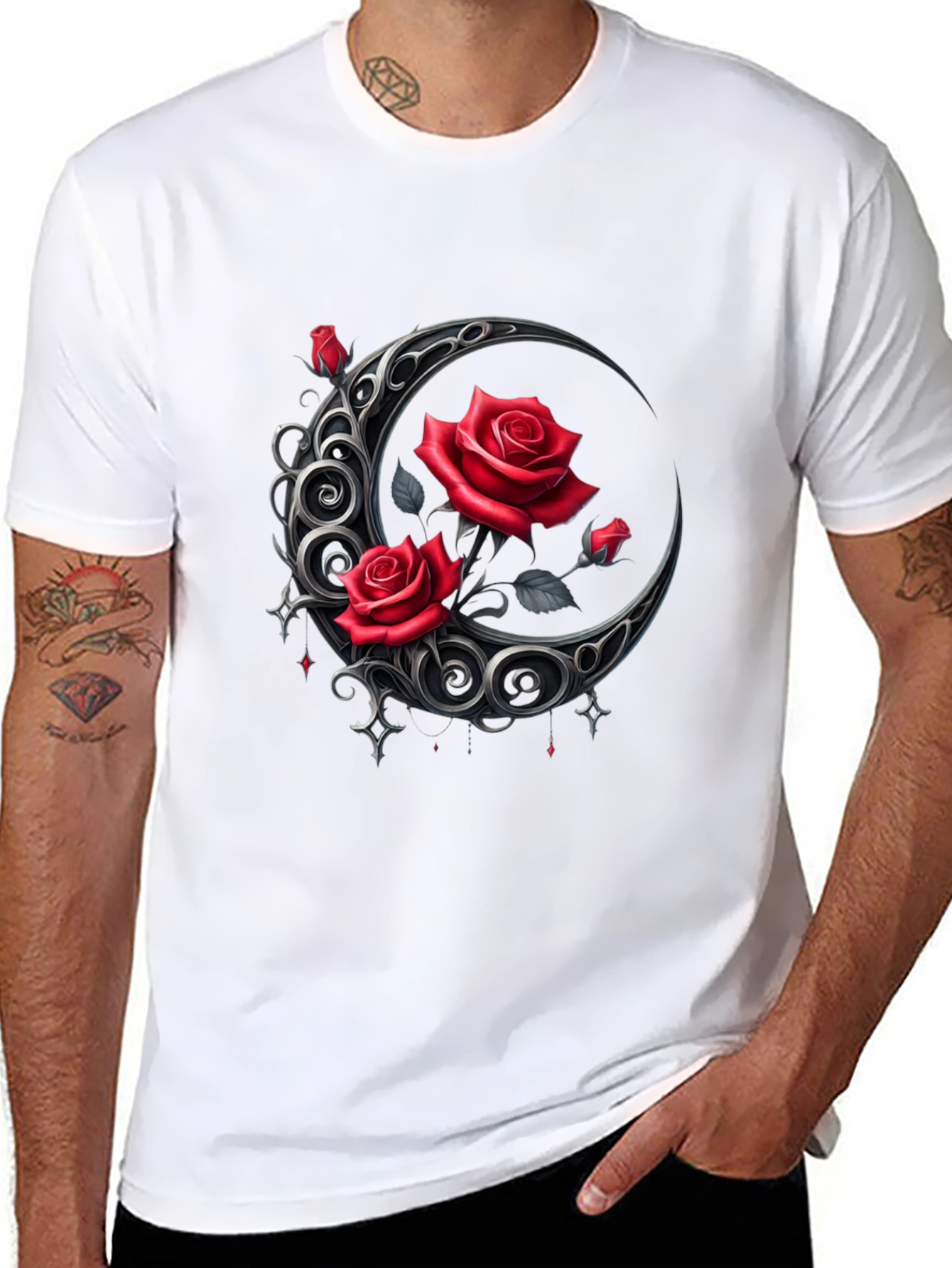 Red Rose Crescent Moon Graphic Tee