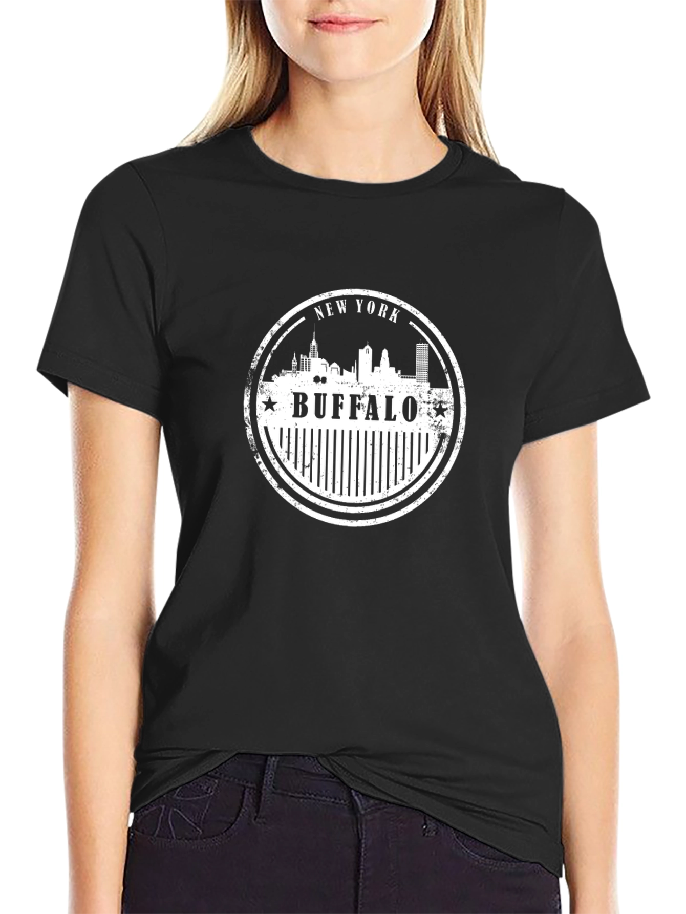 Buffalo NY Skyline Stamp Graphic Tee - Black