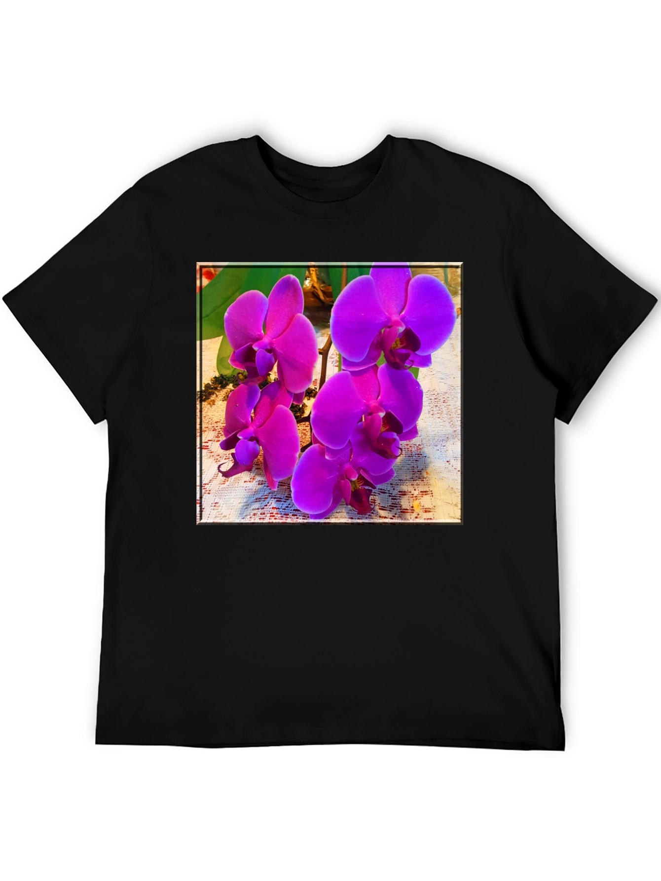 Orchid Flower Print Black T-Shirt