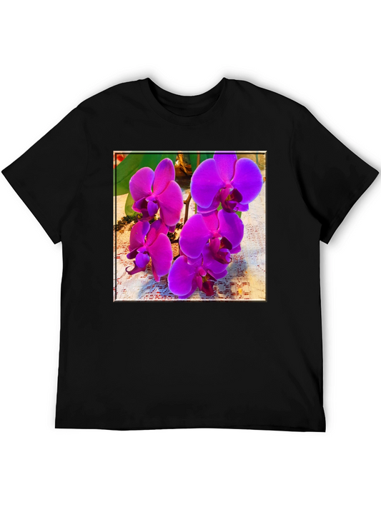 Orchid Flower Print Black T-Shirt