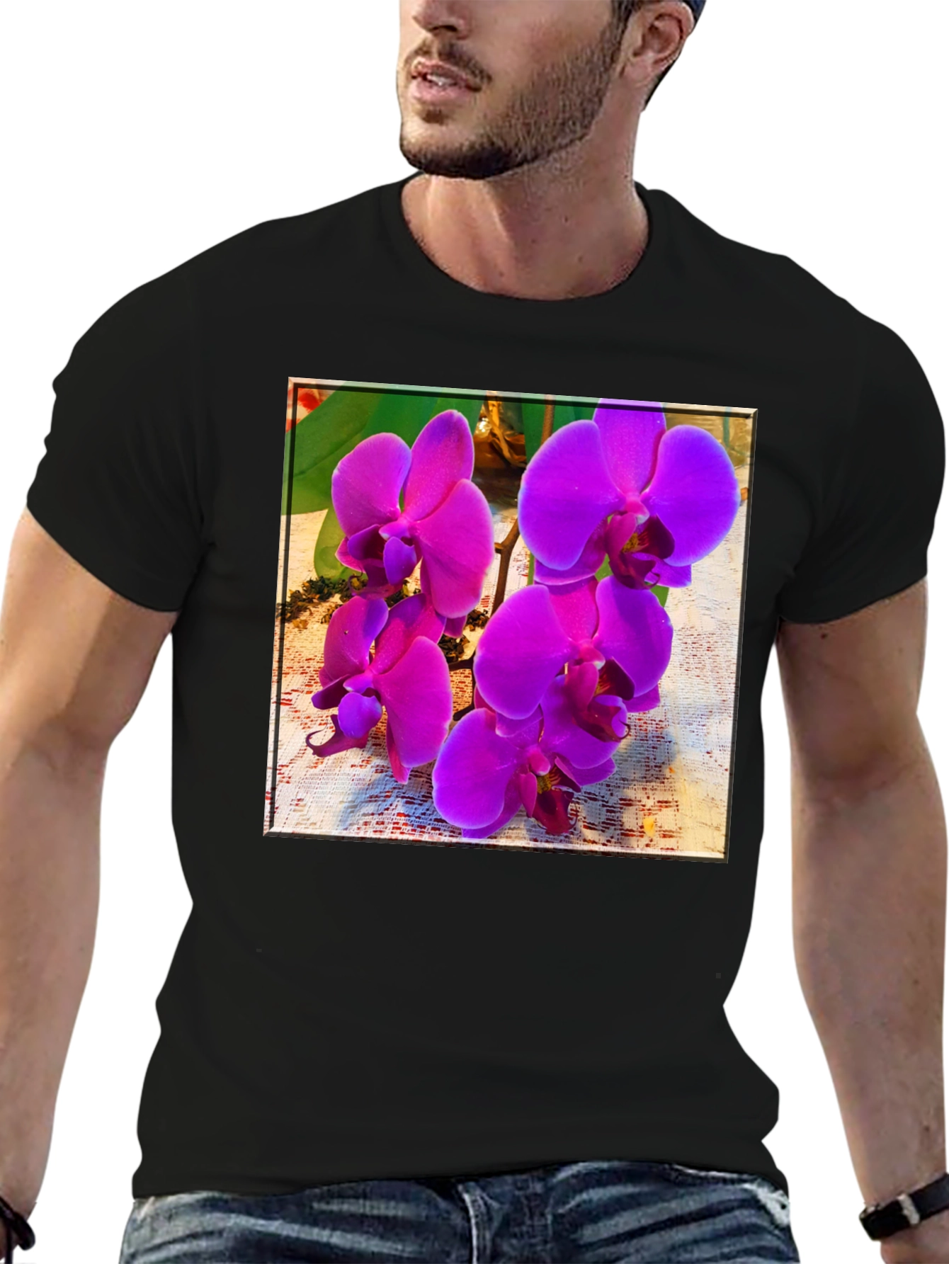 Orchid Flower Print Black T-Shirt