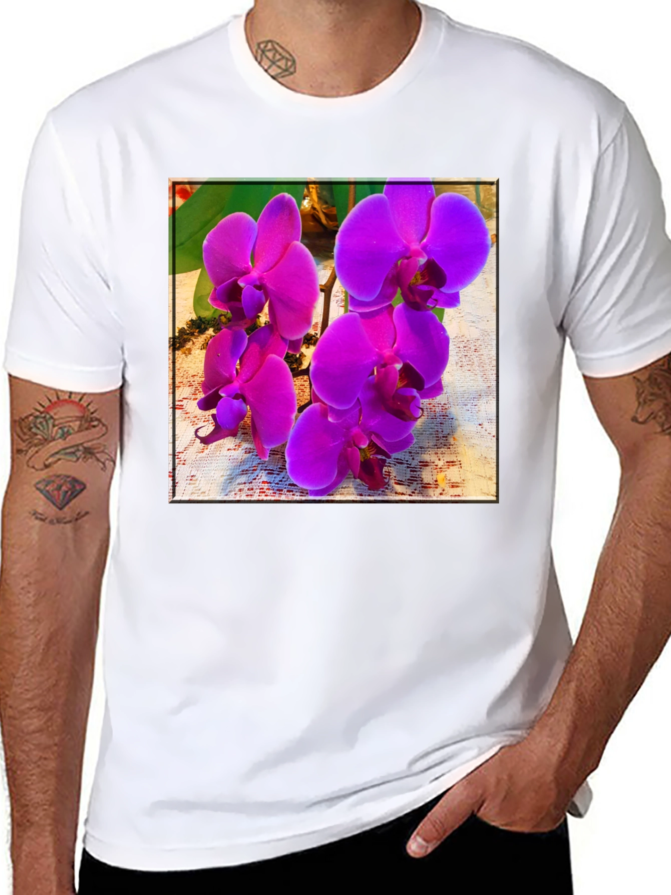 Orchid Flower Print Black T-Shirt