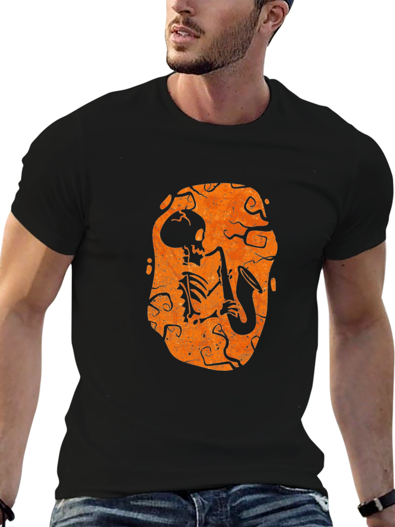 Skeleton Sax Player Halloween Graphic Tee