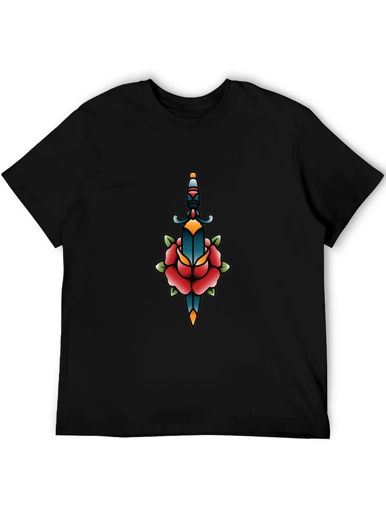 Black Graphic Tee - Dagger & Rose Tattoo Design