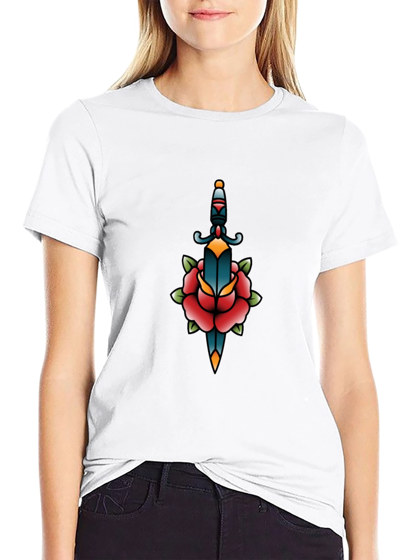 Black Graphic Tee - Dagger & Rose Tattoo Design