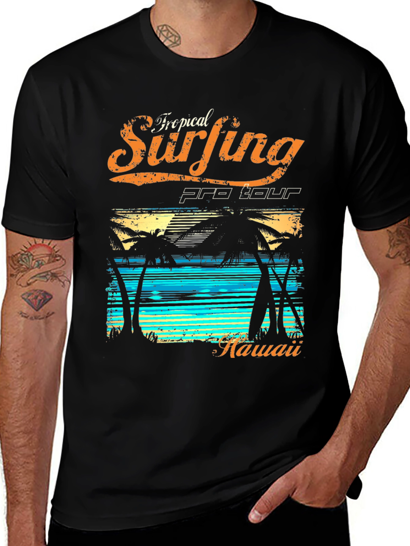 Tropical Surfing Hawaii Black T-Shirt