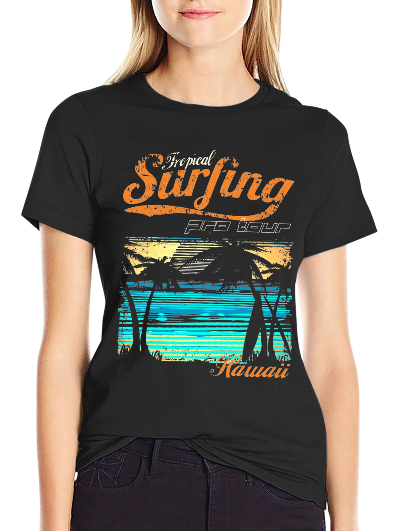 Tropical Surfing Hawaii Black T-Shirt