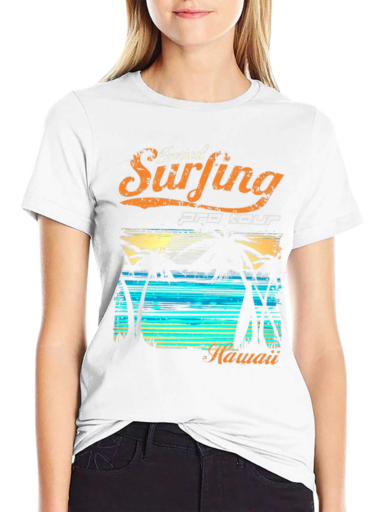 Tropical Surfing Hawaii Black T-Shirt