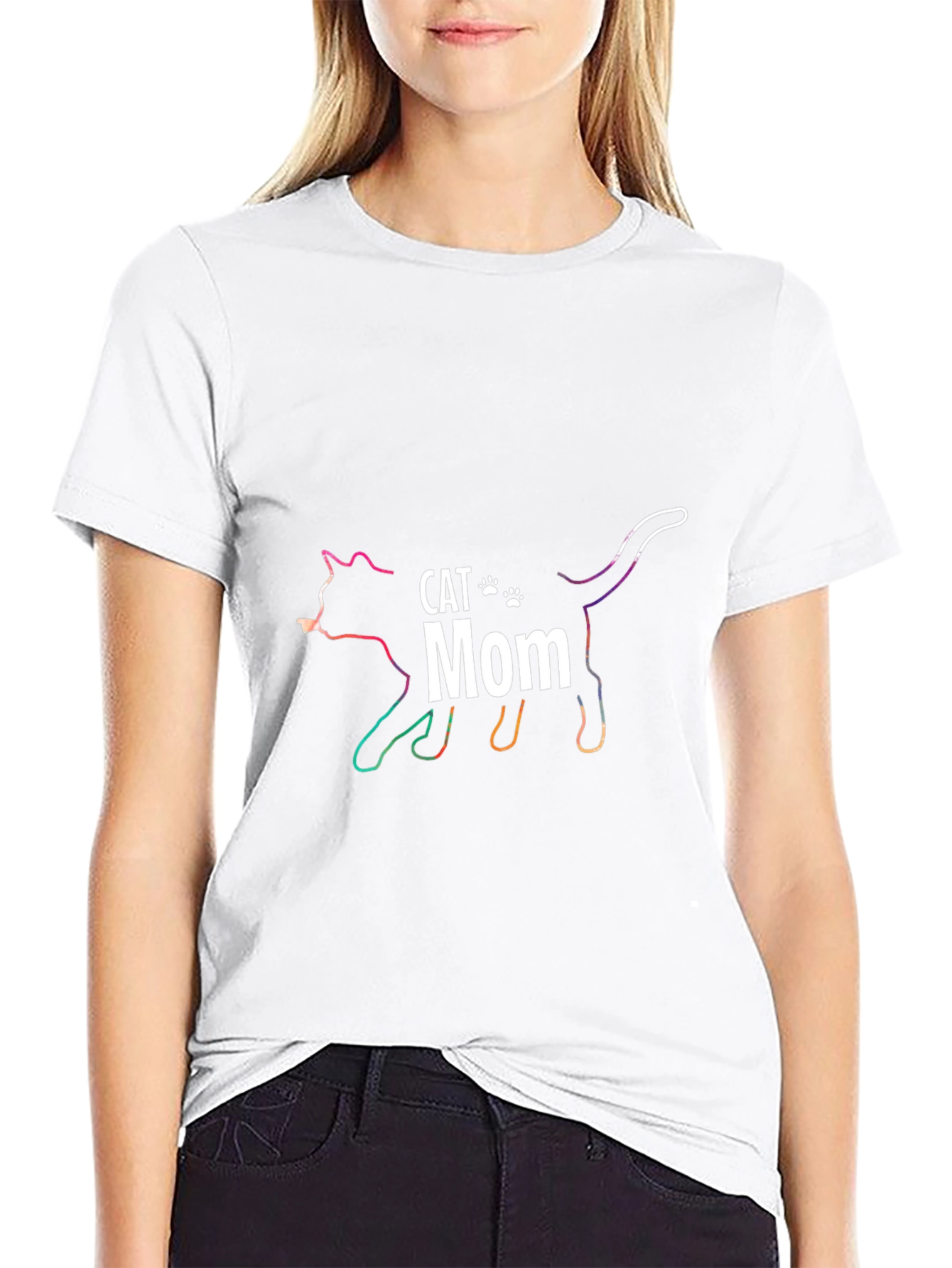 Cat Mom Outline Rainbow Graphic T-Shirt