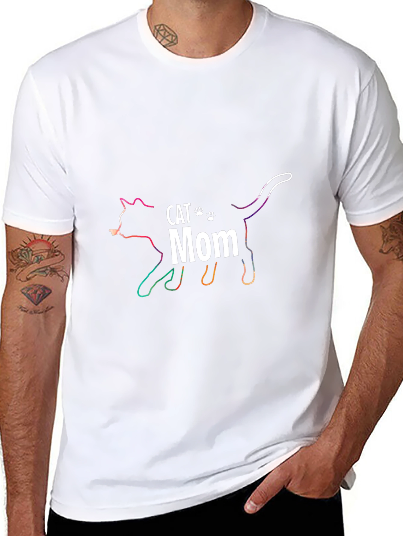Cat Mom Outline Rainbow Graphic T-Shirt