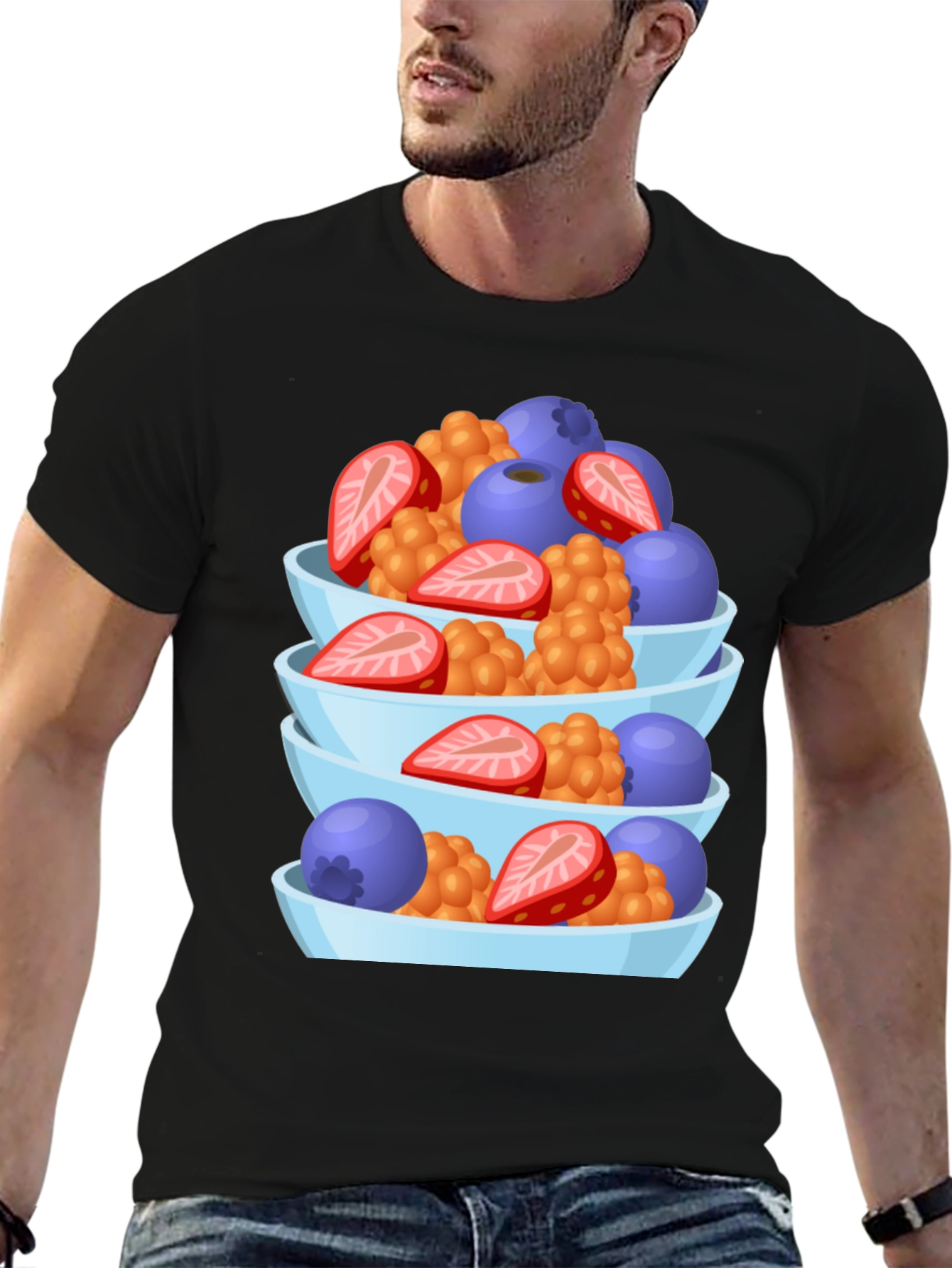 Fruit Bowl Stack Graphic Tee - Casual Black T-Shirt