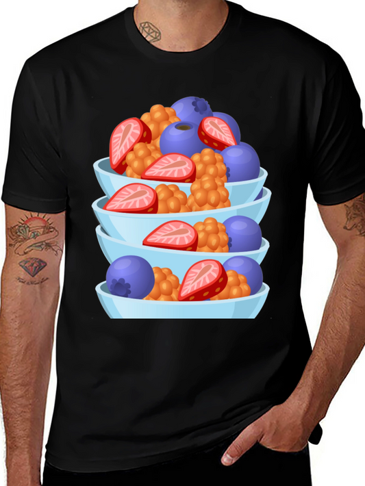 Fruit Bowl Stack Graphic Tee - Casual Black T-Shirt