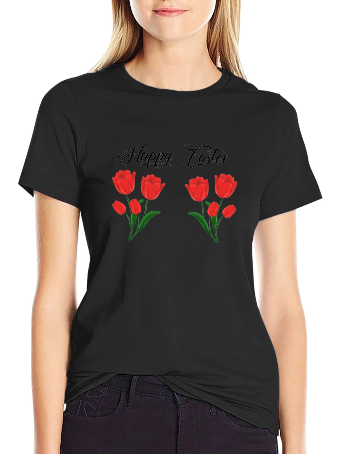 Happy Easter Tulip Graphic Black T-Shirt
