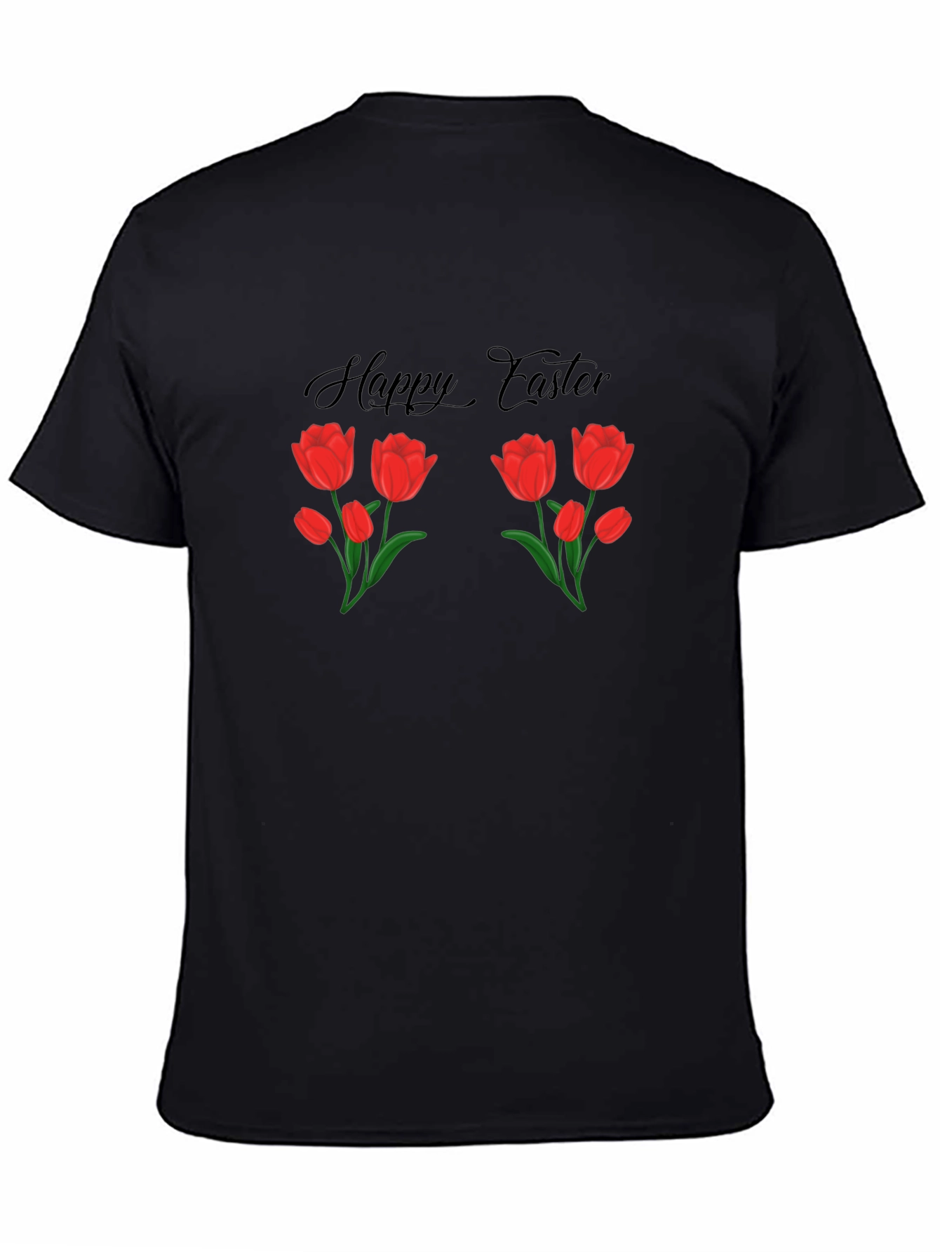 Happy Easter Tulip Graphic Black T-Shirt
