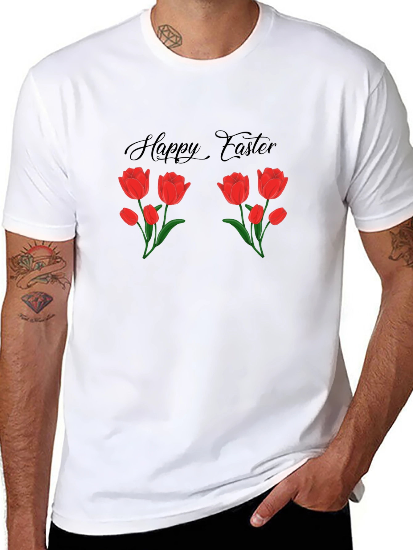 Happy Easter Tulip Graphic Black T-Shirt
