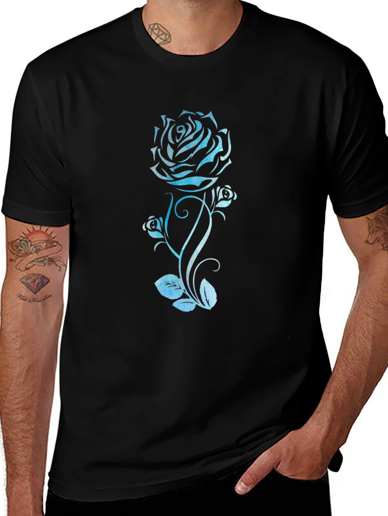 Blue Rose Graphic Tee - Black Cotton T-Shirt