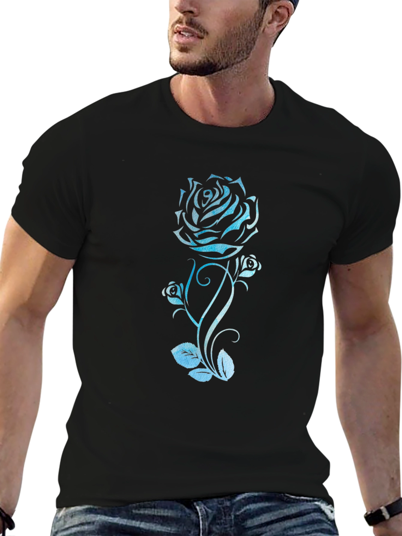 Blue Rose Graphic Tee - Black Cotton T-Shirt