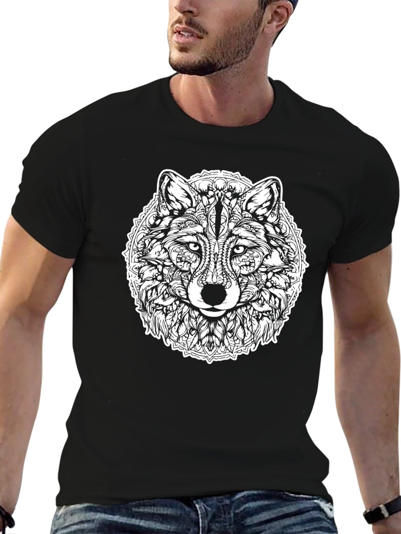 Wolf Mandala Graphic Print Black T-Shirt