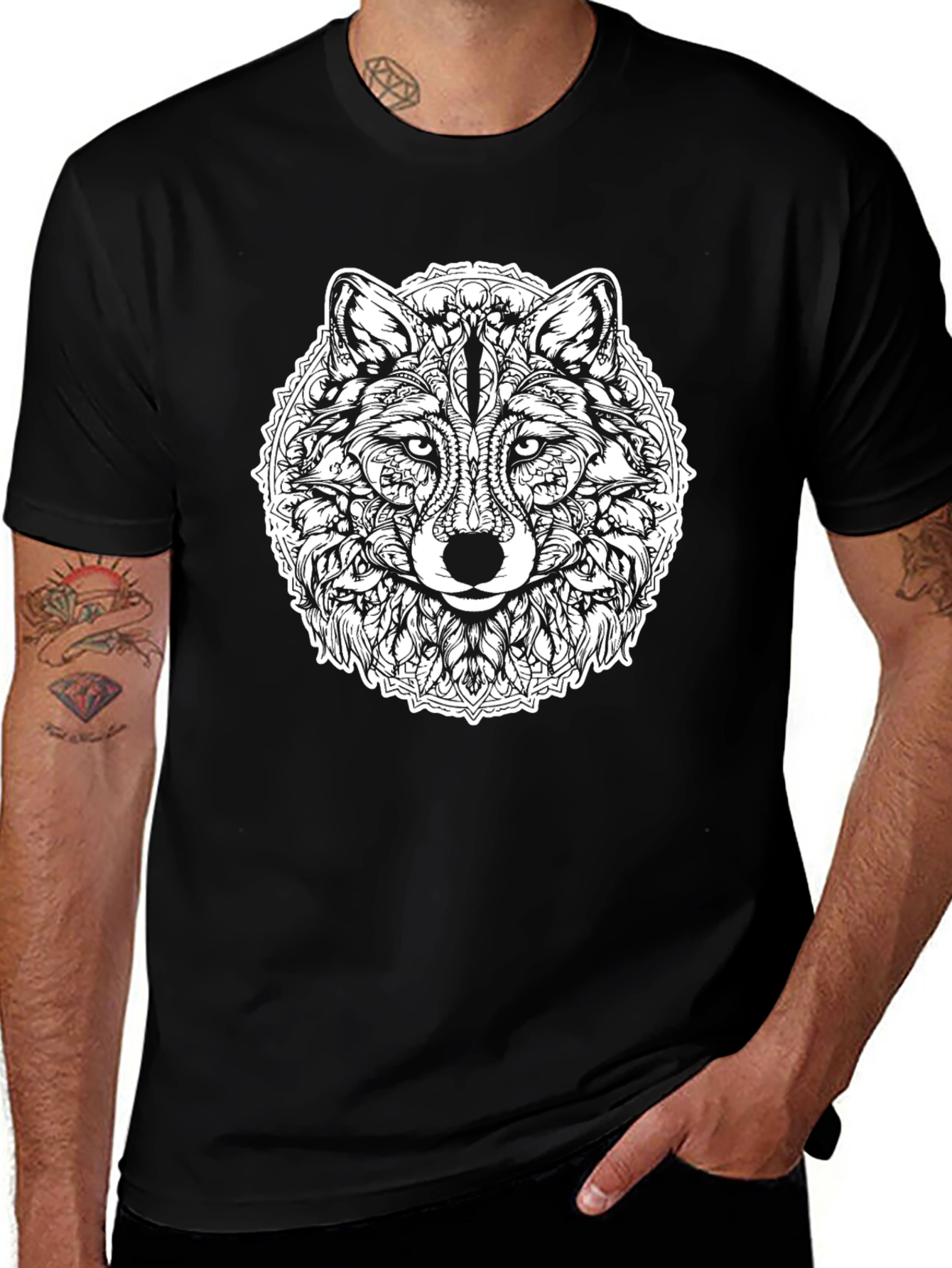 Wolf Mandala Graphic Print Black T-Shirt