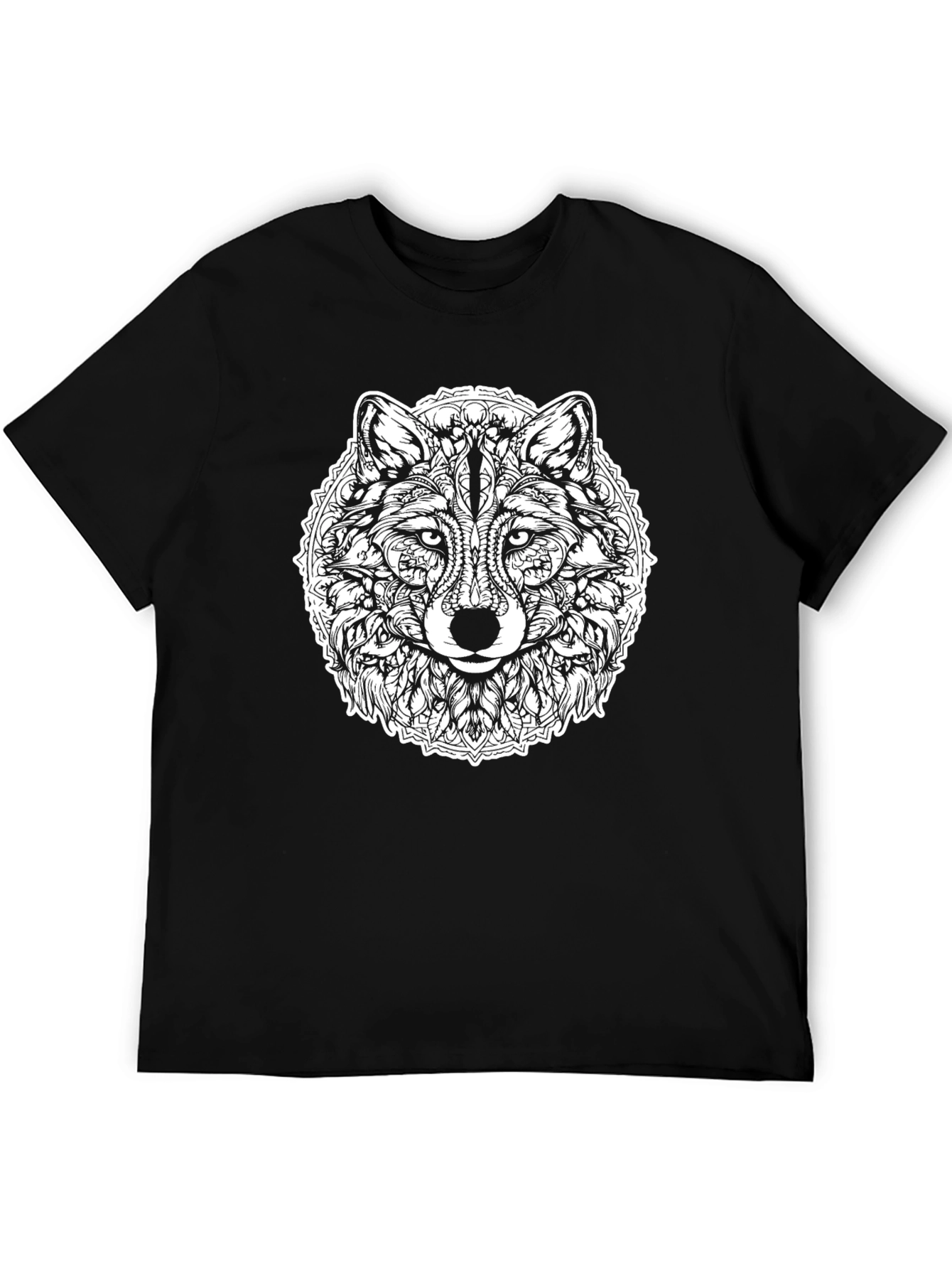 Wolf Mandala Graphic Print Black T-Shirt