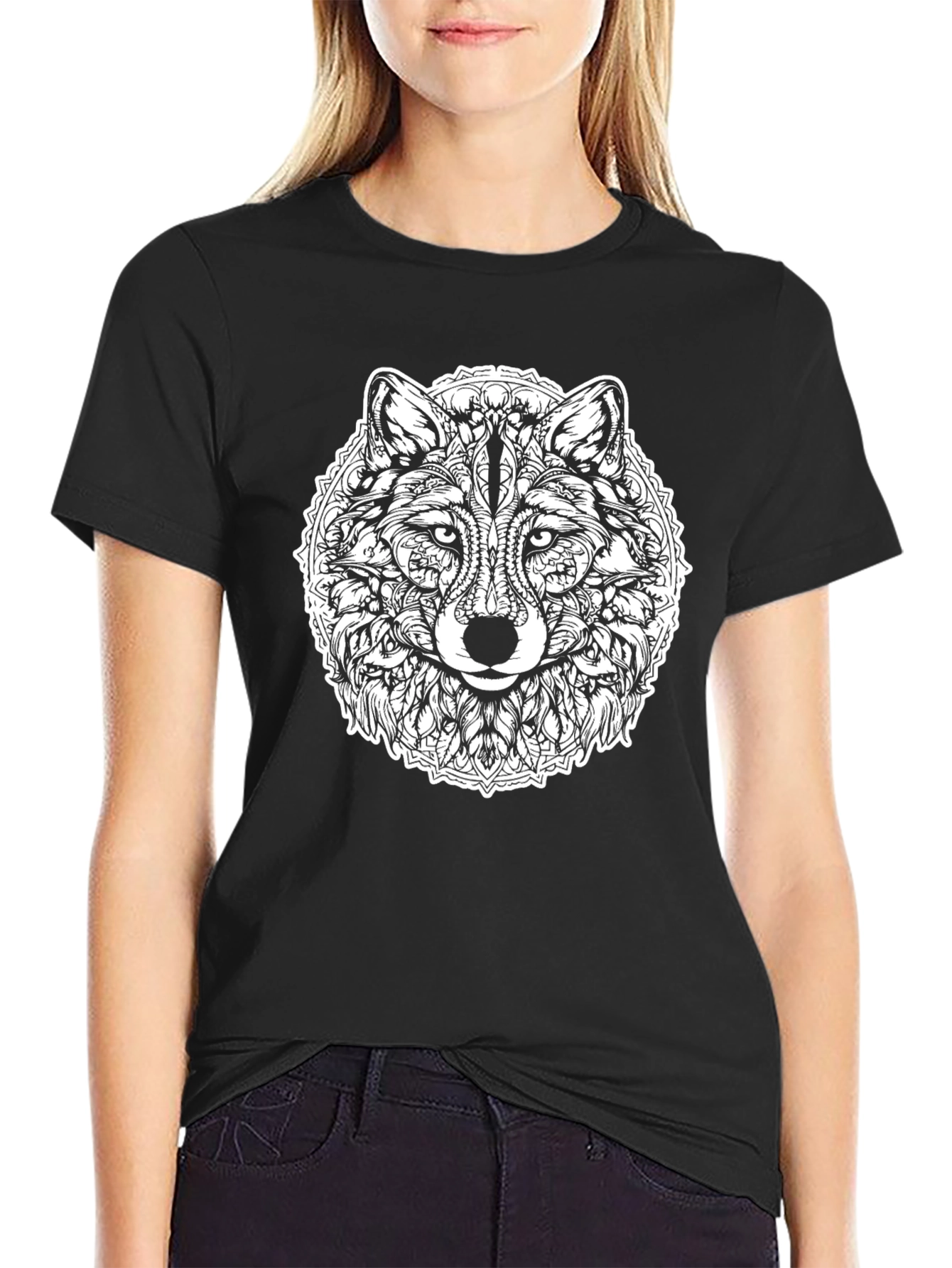 Wolf Mandala Graphic Print Black T-Shirt