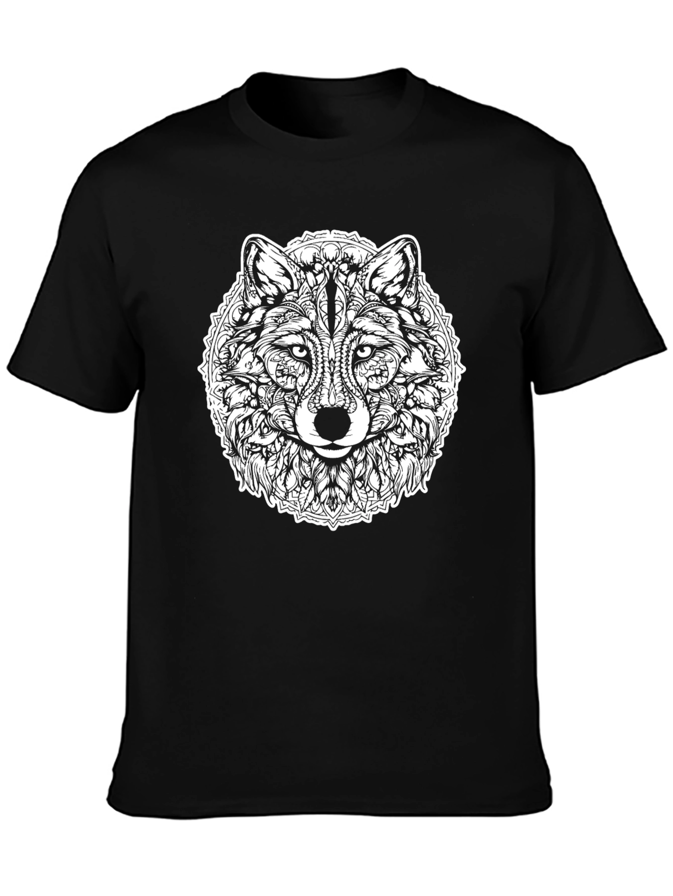 Wolf Mandala Graphic Print Black T-Shirt