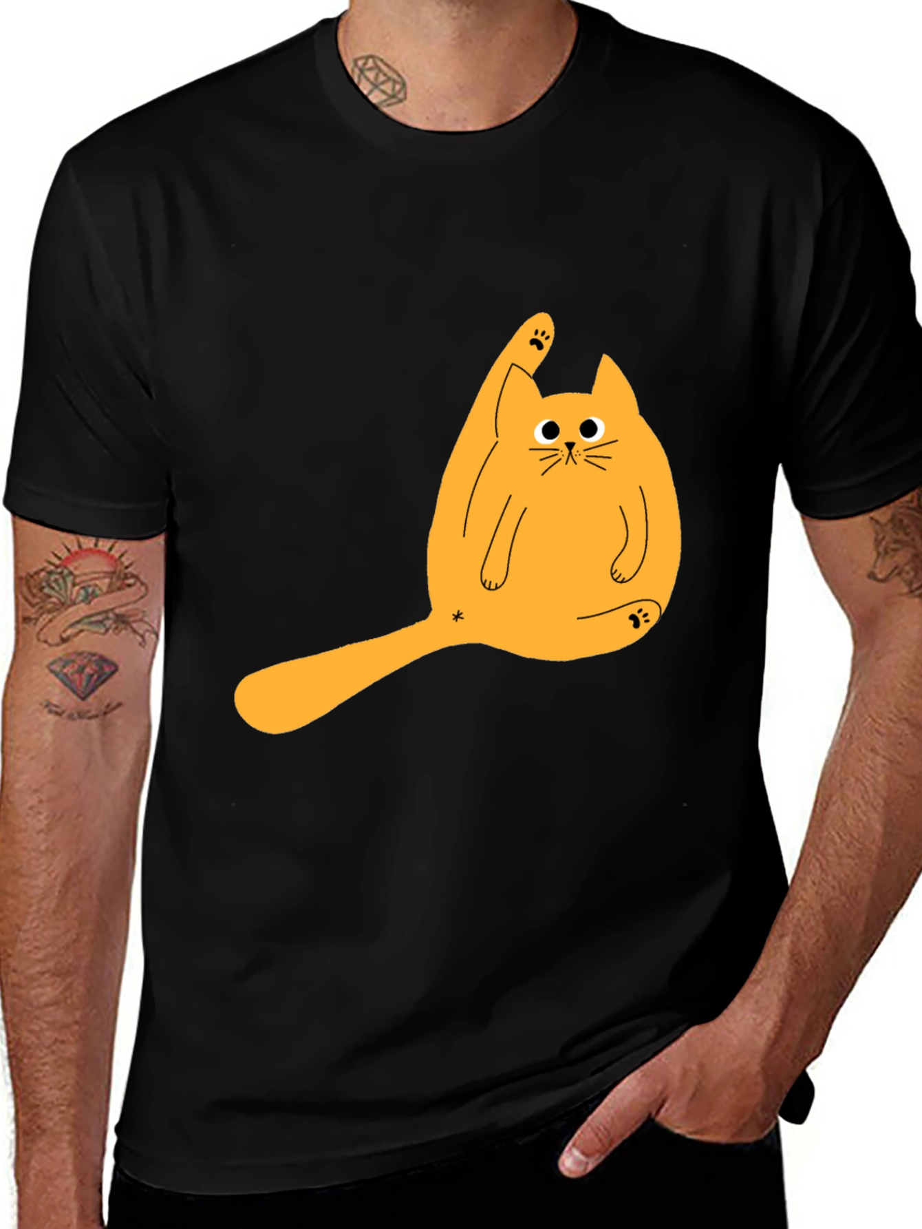 Funny Cat Licking Paw Graphic Tee - Black T-Shirt